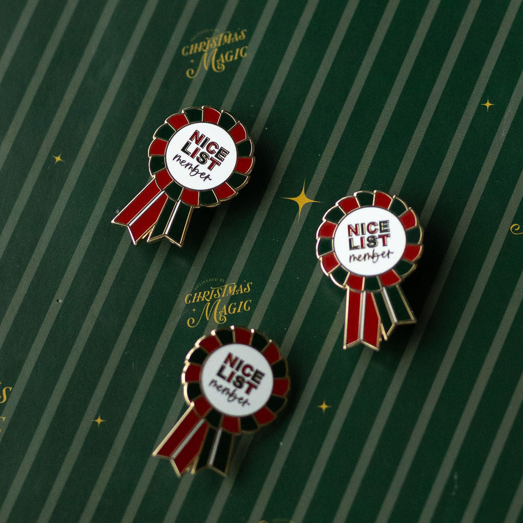 Three 'Nice List' pins on a green background with text