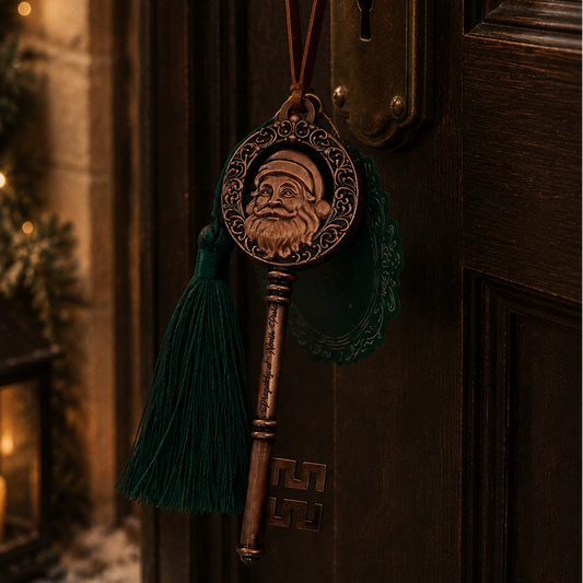 A decorative hanging ornament shaped like an antique key with a Santa face in the center and a dark green tassel, attached to a brass doorknob on a dark wooden door. A Christmas tree with warm lights and a lantern are softly blurred in the background.